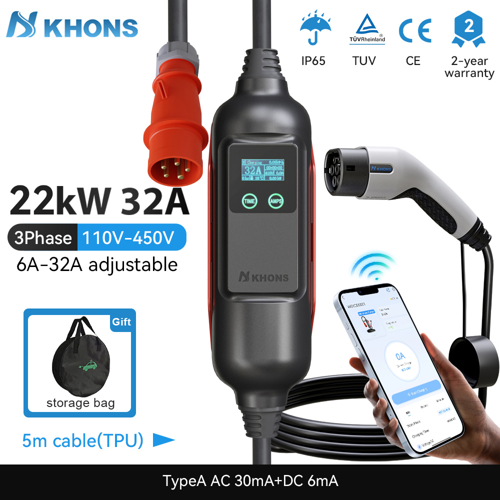 Portable Ev Charger 32A Type 2 Cee Plug - Khons Caricatore EV portatile Type2 32A